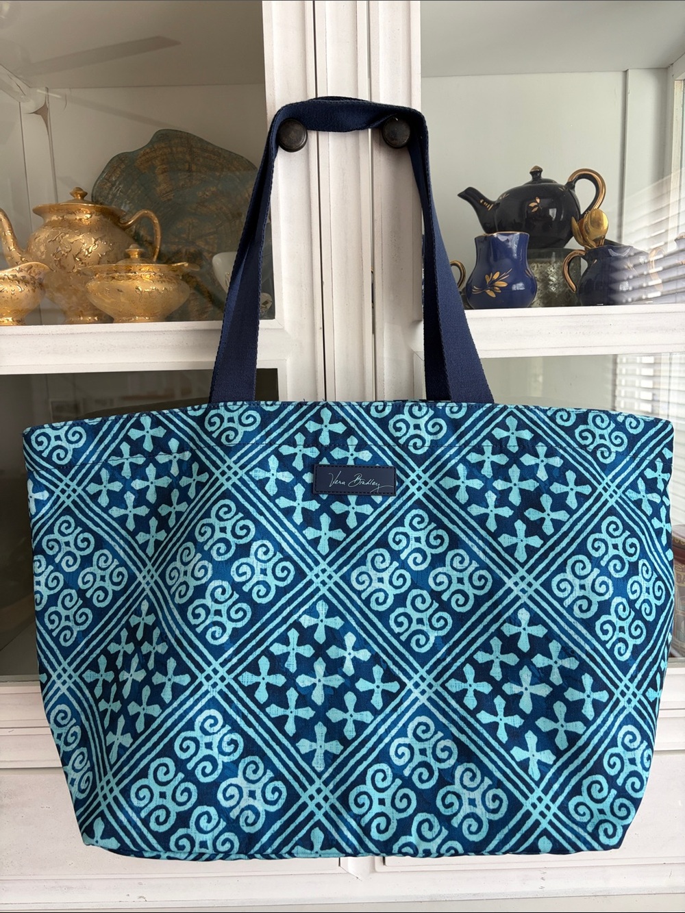 Era Bradley Blue Patterned Tote Bag with Navy Handles
